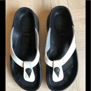 Tatami Birkenstock Black White Leather Slippers